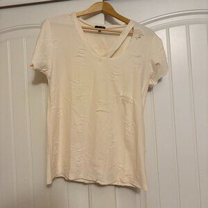 OnTwelfth Distressed Tee Small Short Sleeve Cream Off White Cotton Blend V Neck